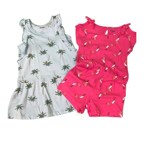Pekkle Girls 2-Piece Dress & Romper Set | Palm Tree & Flamingo Prints - Picture 1 of 3